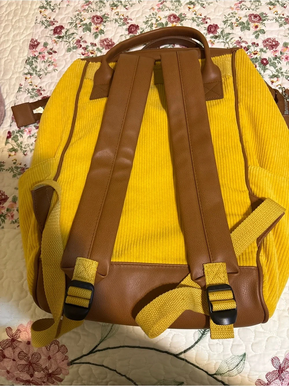 Yellow Corduroy Travel Backpack with Brown Trim